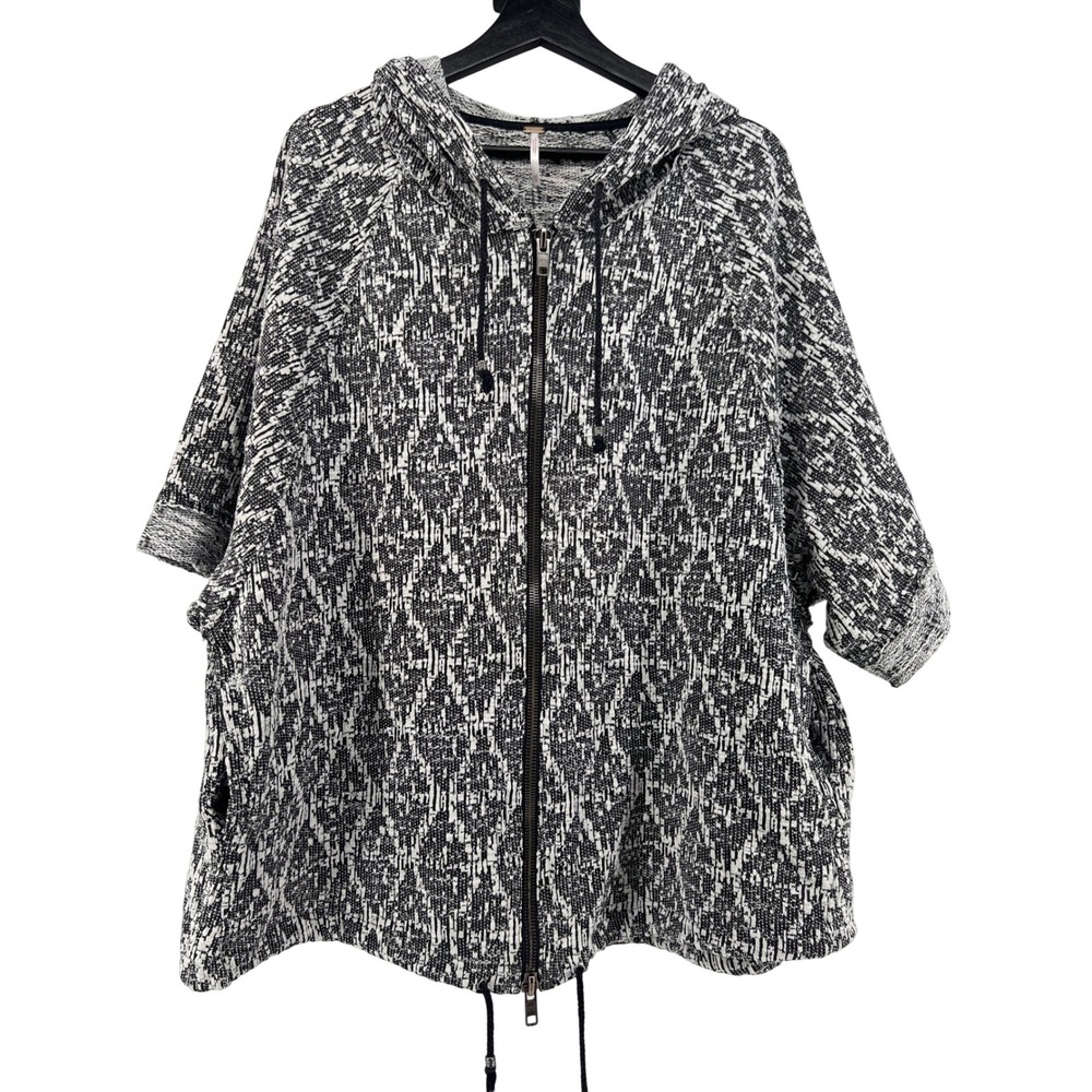 Free People Black White Patterned Hooded Zip Up Jacket XS